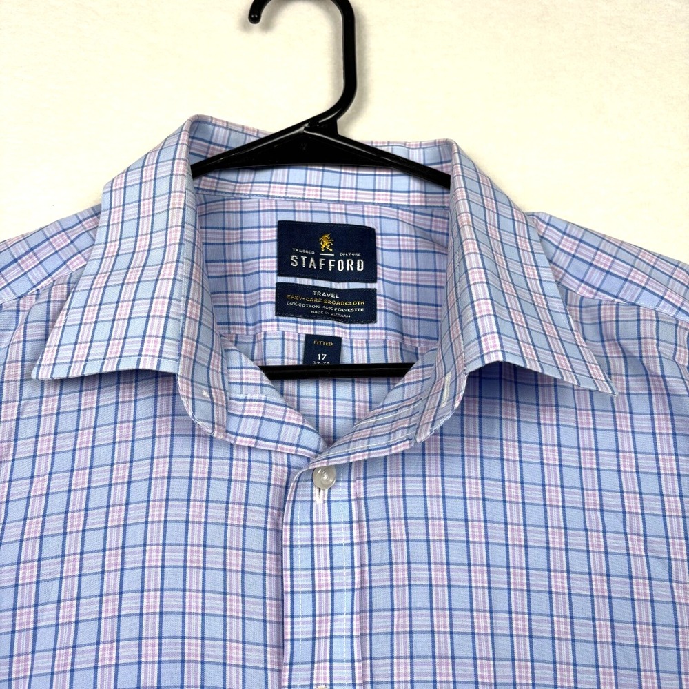 Stafford Travel Dress Shirt Mens Long Sleeve 17 / 32-22 Blue w/pink Easter Shirt